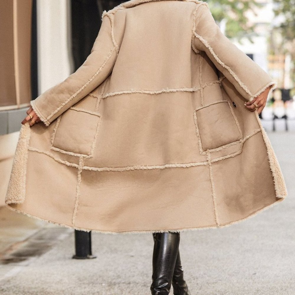MODERN CHiC KHAKI DOUBLE BREASTED FAUX SUEDE TEDDY COAT - Picture 6 of 9